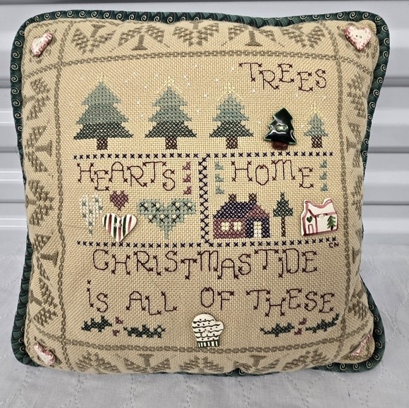 Vtg Handmade Christmas Crosstitched Folk Art Throw Pillow Ceramic Ornaments EUC - Picture 2 of 15